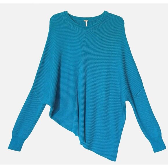 New Free People Downtown Teal Blue Asymmetrical Ribbed Boho Sweater - Picture 2 of 10